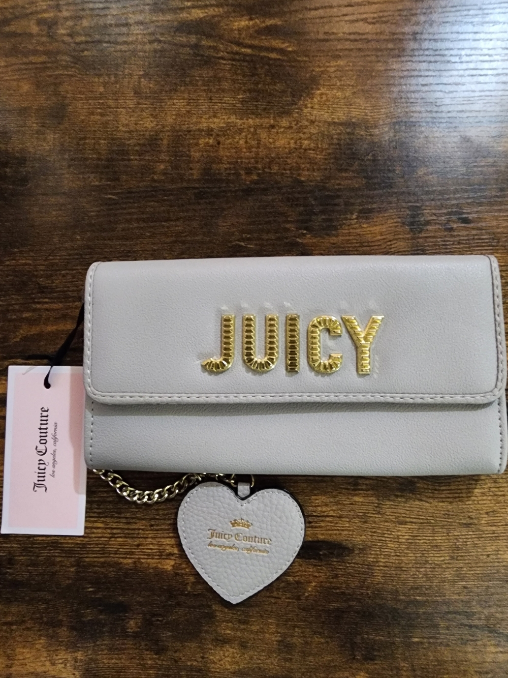 Juicy Couture GREY Leather Wallet Clutch with Gold Logo-HAS FLAW